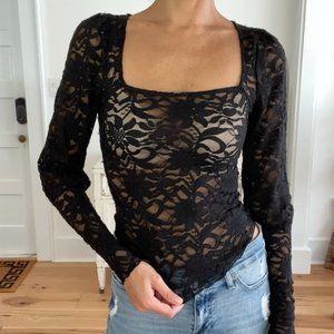 Free People Black Long Sleeve Lace Top XS